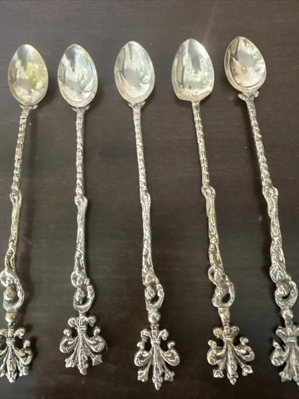 Set of 5 Montagnani Style Italy Figural Demitasse Spoons Ornate Vintage 7.75